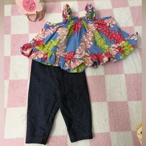 Floral Ruffle Top and Dark Pants Set